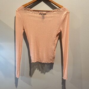 Forever 21 Sheer Mesh See Through Glimmery Nude Long Sleeve Stretch Curl Hem Top